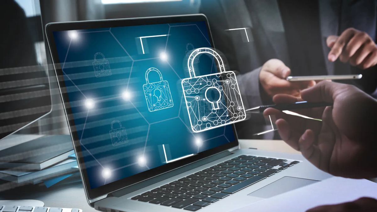 Laptop with digital padlock graphics